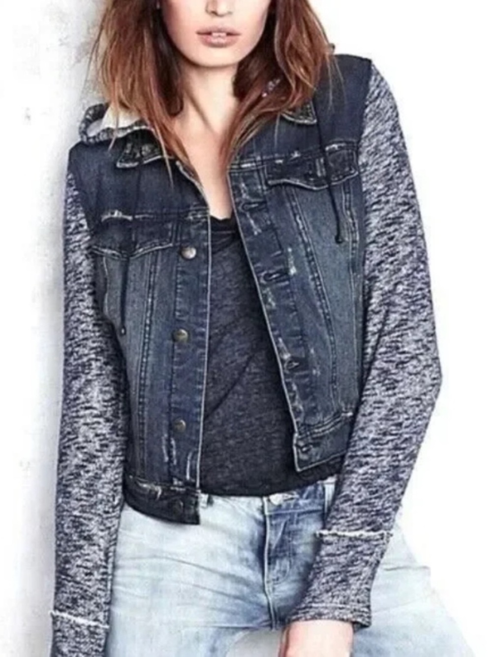 Free People Distressed Denim Jean Jacket Knit Sleeves & Hood Black Size Small
